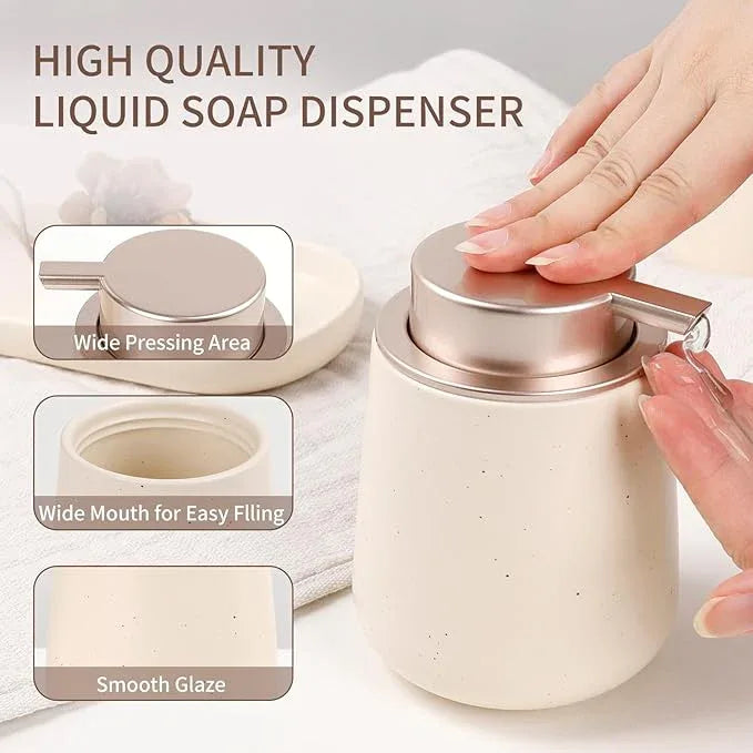 BosilunLife Bathroom Accessory Set - 3 pcs Ceramic Bathroom Soap Dispenser Set Farmhouse Bathroom Counter Decor Set Accessories, Soap Dispenser and Toothbrush Holder with Tray - ModernBath
