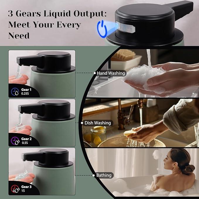INGOFIN Automatic Ceramic Bathroom Accessory Set - 3 Pcs Auto Liquid Soap Dispenser Touchless, Toothbrush Holder & Tray, Smart Electric Bathroom Counter Set for Home, Guest Room, or Office, Green - ModernBath