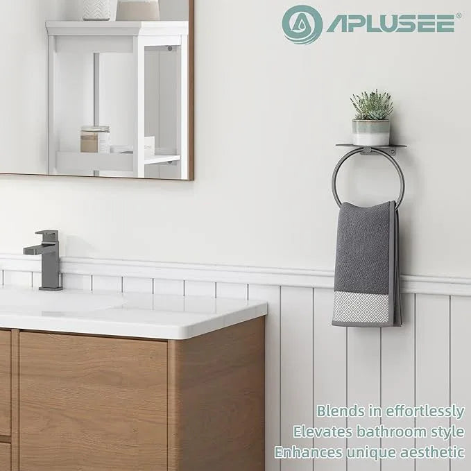APLusee Gunmetal Gray Towel Ring with Shelf, 304 Stainless Steel Bathroom Towel Holder, Wall Mounted Swivel Loop for Kitchen Shower, Rustproof & Easy to Install - ModernBath