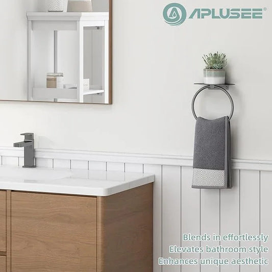 APLusee Gunmetal Gray Towel Ring with Shelf, 304 Stainless Steel Bathroom Towel Holder, Wall Mounted Swivel Loop for Kitchen Shower, Rustproof & Easy to Install - ModernBath
