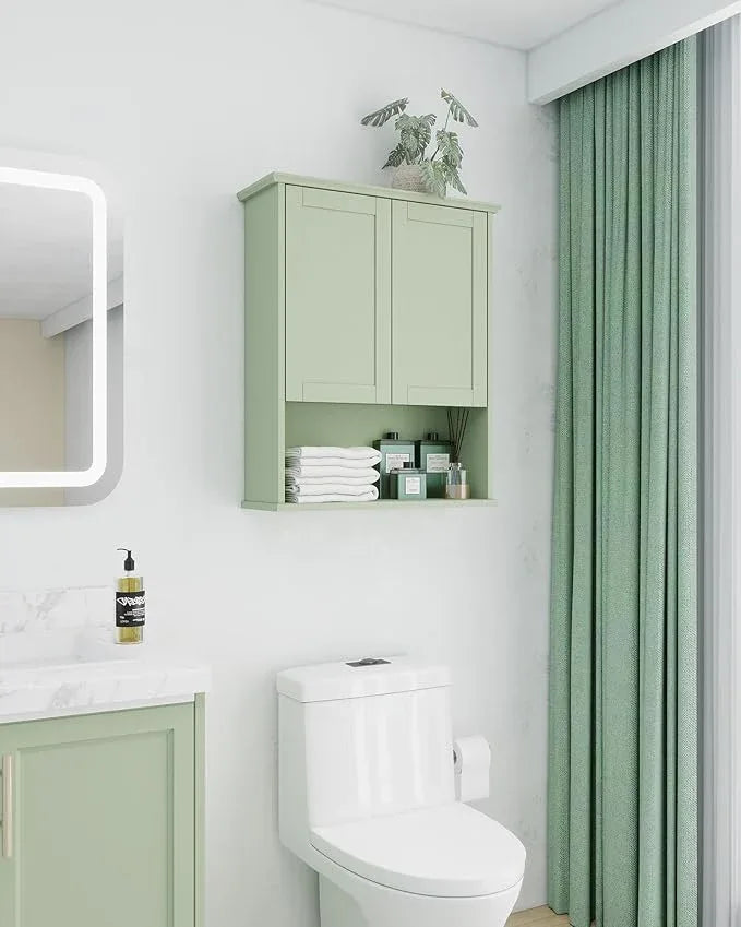 Bathroom Cabinet Wall Mount Buffering Hinge,23"x29" inch Over Toilet Storage Cabinet and Adjustable Shelves, Large Space Wooden Medicine Cabinet (Light Green) - ModernBath