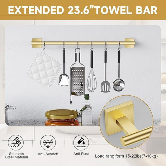Brushed Gold Toilet Paper Holder Towel Bar Set, 5 Pieces Bathroom Hardware Accessories Set, 23.6 Inch Stainless Steel Towel Racks for Bathroom Wall Mounted - ModernBath
