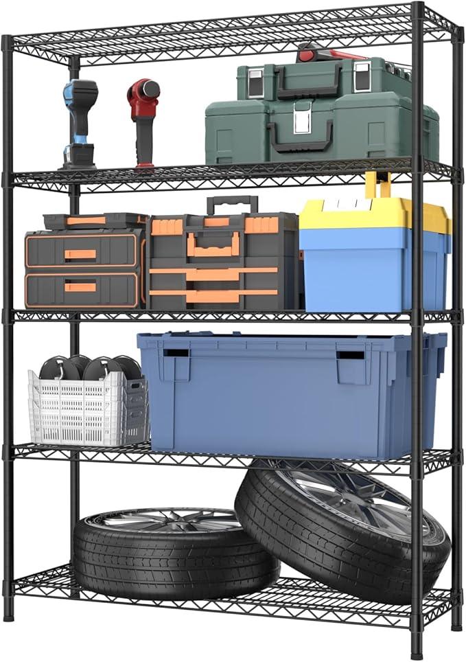 5 Tier Adjustable Storage Shelves Heavy Duty Metal Utility Shelf 1750LBS Capacity Wire Shelving Unit Organizer Rack for Home Kitchen Garage Pantry Room 18" D x 46" W x 77" H Black - ModernBath