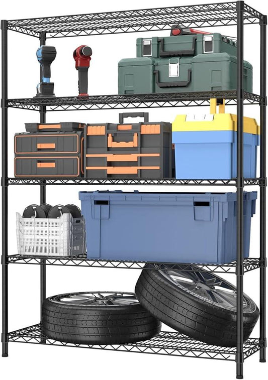 5 Tier Adjustable Storage Shelves Heavy Duty Metal Utility Shelf 1750LBS Capacity Wire Shelving Unit Organizer Rack for Home Kitchen Garage Pantry Room 18" D x 46" W x 77" H Black - ModernBath