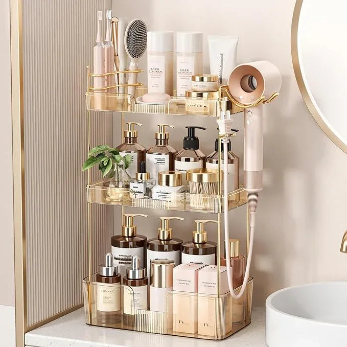 Bathroom Counter Organizer for Vanity, Makeup Organizer Countertop with Holder, Large Capacity Storage Rack, Perfect Large Skincare, Hair Care, Perfume, Easy to Install (Gold, 3Tiers) - ModernBath