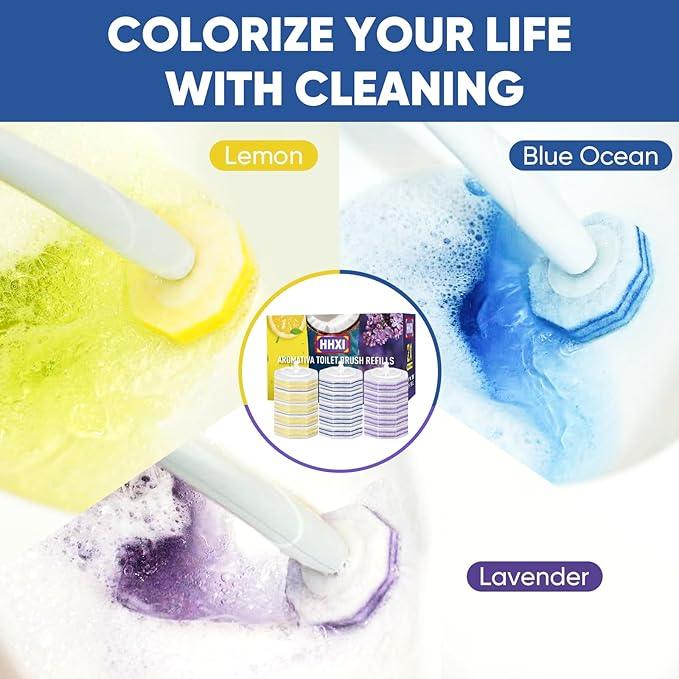 HHXI 60Ct Aromative Toilet Brush Refills, Toilet Bowl Cleaner Refills, Double-Layer Cleaning Pads Added, Compatible with Most Toilet Brushes，Lemon, Blue Ocean, Lavender（Patented） - ModernBath