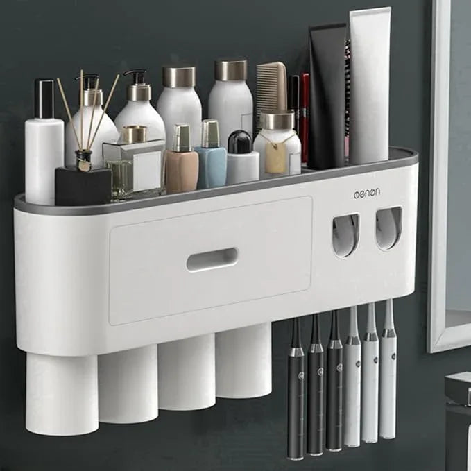 Celsitudo No-Drill Wall Mounted Toothbrush Holder, Bathroom Shelf, with Automatic Toothpaste Dispensers 6 Brush Hooks Magnetic Cups 1 Cosmetic Drawer Organizer and Large Storage (2 Dispensers 4 Cups) - ModernBath