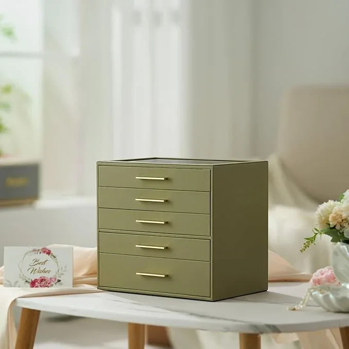 Jewelry Box Organizer Case for Women: 5-Layer Jewelry Storage Case with Glass Window, Olive Green Leather with Cream Velvet, Holder for Ring Necklace Bracelet Brooch Watch, Great Gift for Her - ModernBath