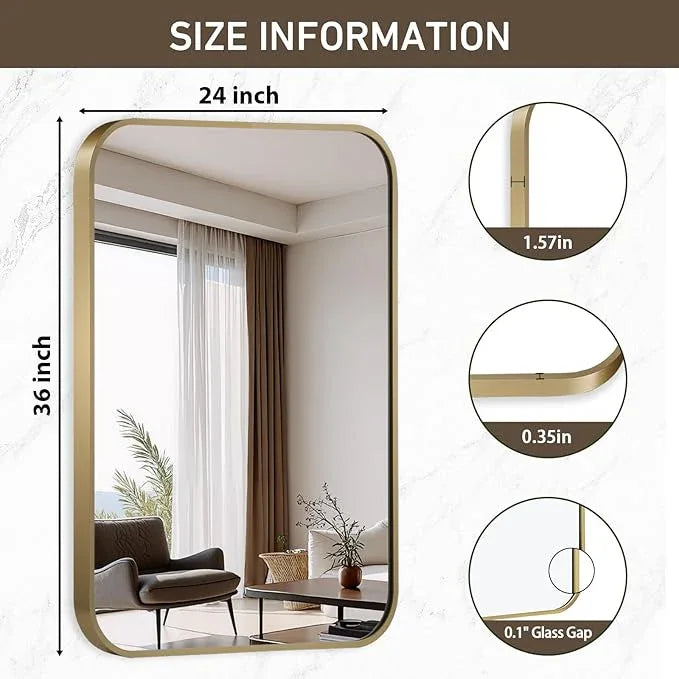 CLBA Gold Mirror, 24x36 Inch Gold Rectangle Mirror, Aluminum Alloy Framed Vanity Mirror, Rounded Rectangle Bathroom Mirror for Over Sink, Anti-Rust Wall Mirror (Horizontally or Vertically) - ModernBath