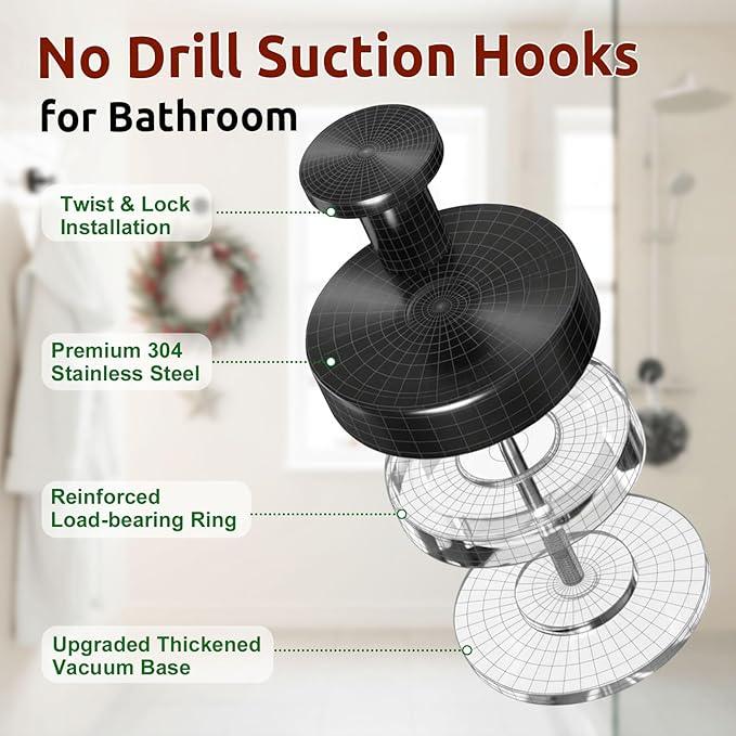 Upgraded Suction Cup Hooks for Door Wreaths, Heavy Duty Wreath Hangers for Front Door, Glass Window and Outdoor use, Strong Suction Vacuum Hook for Towels, Robes & Decorations(4 Pack, Black) - ModernBath