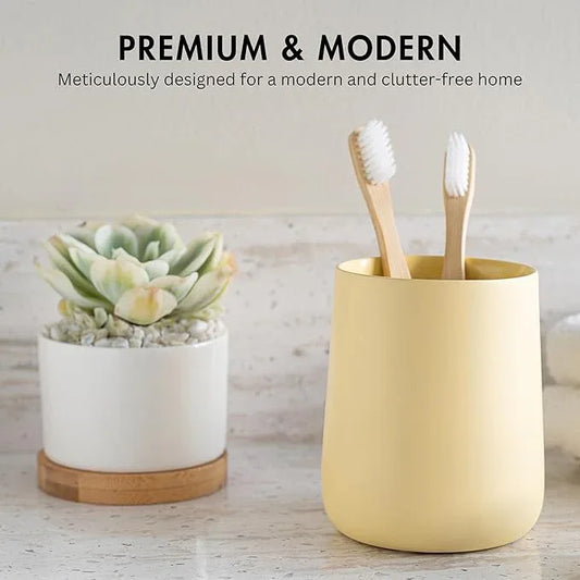Yew Design Matte Yellow Cream Toothbrush and Toothpaste Holder and Cup for Bathroom Vanity and Countertop, Round Organizer for Electric Toothbrushes, Floss, Razors, Cotton, and Mouthwash - ModernBath