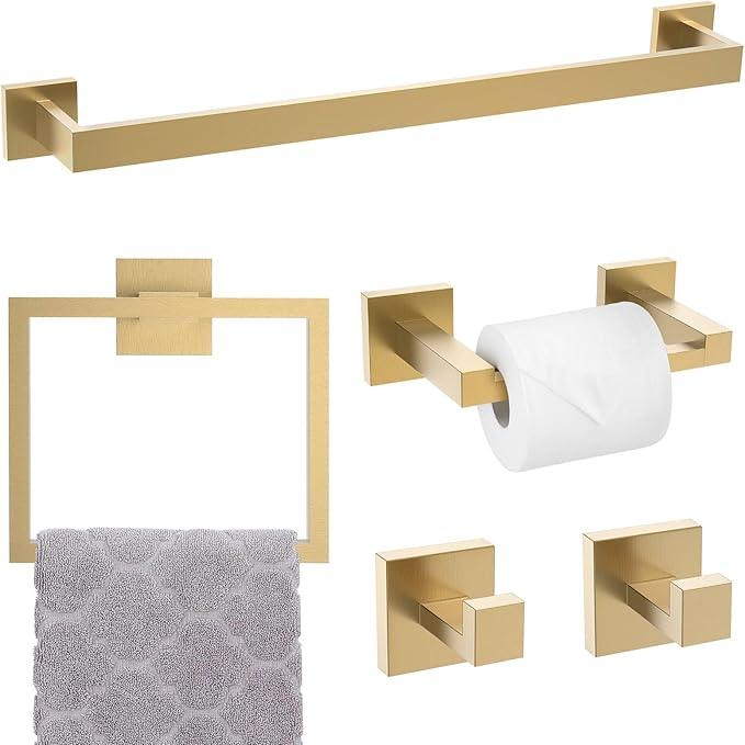 TNOMS 5-Piece Towel Bar Set Brushed Gold Bathroom Hardware Accessories Set Includes Upgraded Double Base Toilet Paper Holder,Modern Square Towel Holder Set Stainless Steel Wall Mount 23.6 Inch - ModernBath