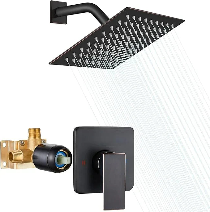 Heyalan 8 Inch Shower Head and Handle Set Square Shower Faucet Set Bathroom Rainfall Shower Faucet Set Stainless Steel Showerhead Single Function Shower Trim Kit,Male Thread Valve,Oil Rubbed Bronze - ModernBath