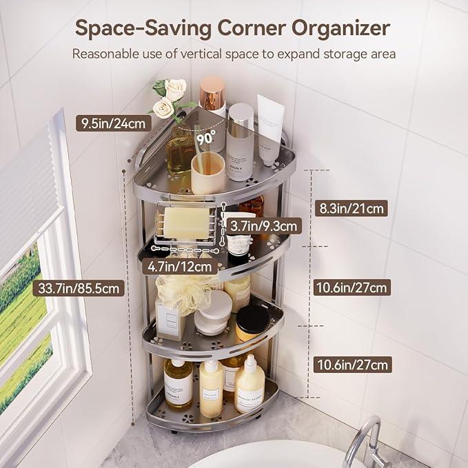 Corner Shower Caddy Stand, 4 Tier Rustproof Standing Shower Organizer with Soap Holder, Aluminum Shower Shelf for Bathroom Storage, Silver - ModernBath