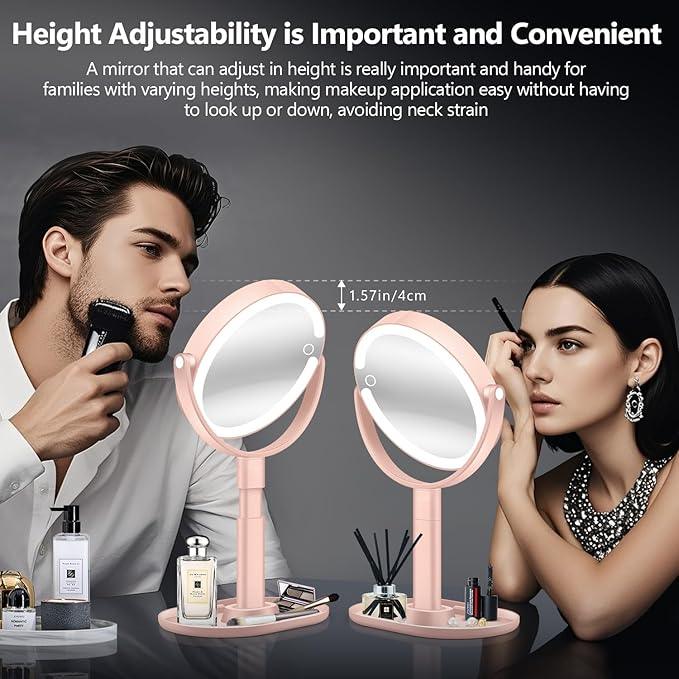 MIYADIVA Makeup Mirror with Lights, 30X Magnifying Mirror with Light and Touch Switch, Vanity Mirror with 3 Color Light and 80 LEDs, Height Adjustable Desk Mirror with Light, Pink - ModernBath