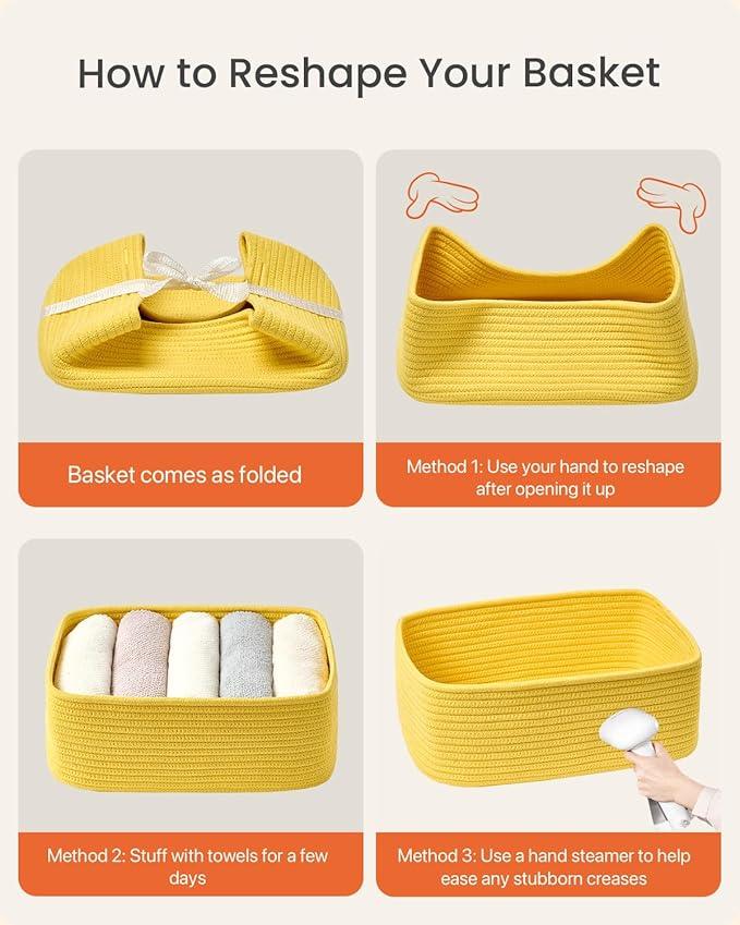 Small Woven Basket, 13.5 x 9.5 x 5 Inches, Storage Basket for Organizing, Cute Small Rope Shelf Closet Cube Storage Bins Baskets for Shelves, Dog Toy Gift Baskets Empty, 3 Pack Yellow - ModernBath