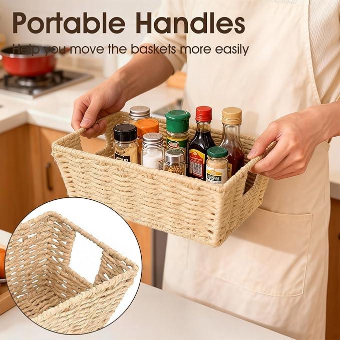 Paper Rope Storage Baskets for Shelves Organizing, Small Hand Woven Wicker Organizer Basket with Handle for Bathroom Toilet Paper Storage, Beige, 3-Pack - ModernBath