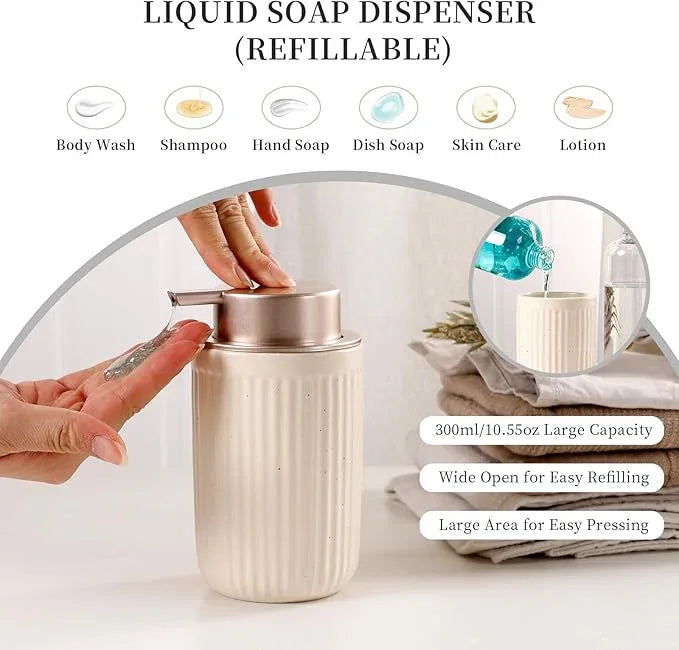 BosilunLife Bathroom Accessories Set - Ceramic Bathroom Set Bathroom Decor Sets Bathroom Counter Lotion Soap Dispenser and Toothbrush Holder Set, Soap Dish, Apothecary Jar (Striped Apricot) - ModernBath