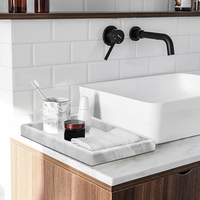 MULWR Marble Bathroom Tray,Pure Natural Marble Vanity Tray,Marble Tray for Kitchen Counter Non-Ceramic/Non-Resin,Stone Tray 12 x 8 inch (White) - ModernBath