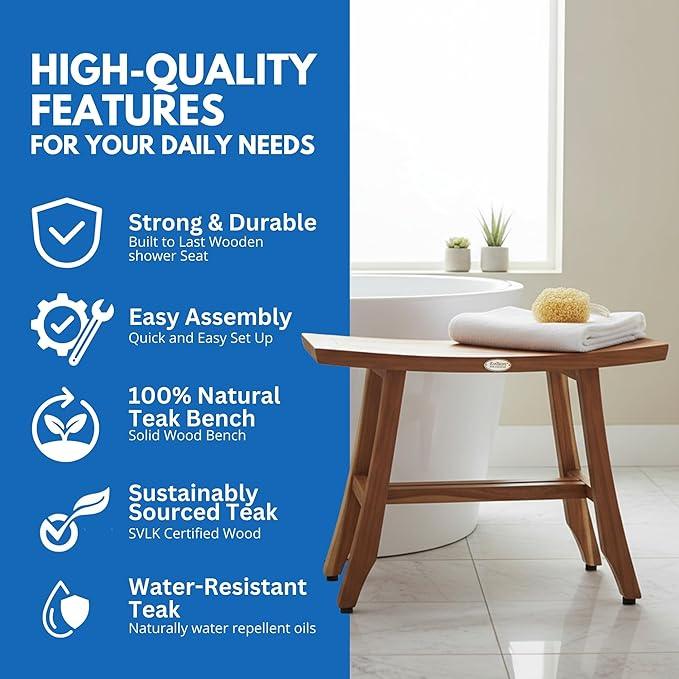 EcoDecors 24 Inch Satori Natural Teak Waterproof Teak Wood Shower Bench Stool Seat Chair for Inside Shower Provides Safety, Storage, and Organization for Bathroom Accessories - ModernBath