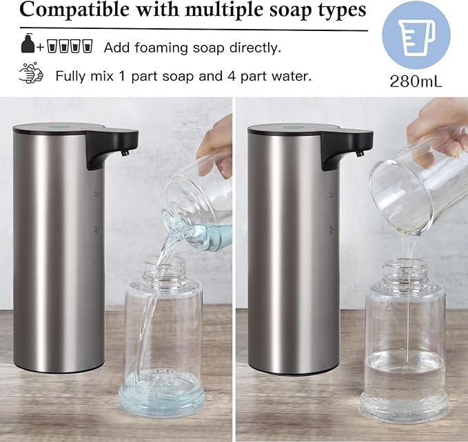 LAOPAO Automatic Soap Dispenser, Rechargeable Stainless Steel Foaming Soap Dispenser Touchless for Bathroom Auto Hand Soap Pump for Kitchen, Xmas Gift,9oz - ModernBath