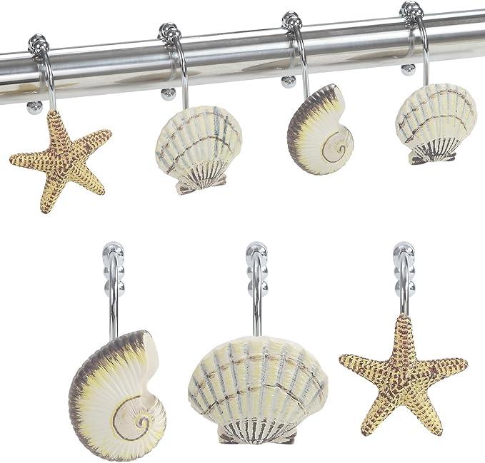 Coastal Seashell Shower Curtain Hooks, Under The Sea Beach Starfish Bathroom Shower Curtain Hooks Rust Proof, 5 Roller Ring Balls Decorative Shower Hooks for Shower Curtain, Set of 12 - ModernBath