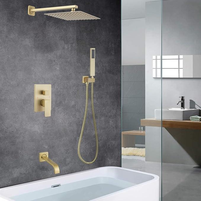 Heable Brushed Gold Shower Faucet Set with Tub Spout Bathroom Rainfall 10 Inch Shower Head System with Handheld Single Handle Shower Trim Kit with Rough-in Valve - ModernBath