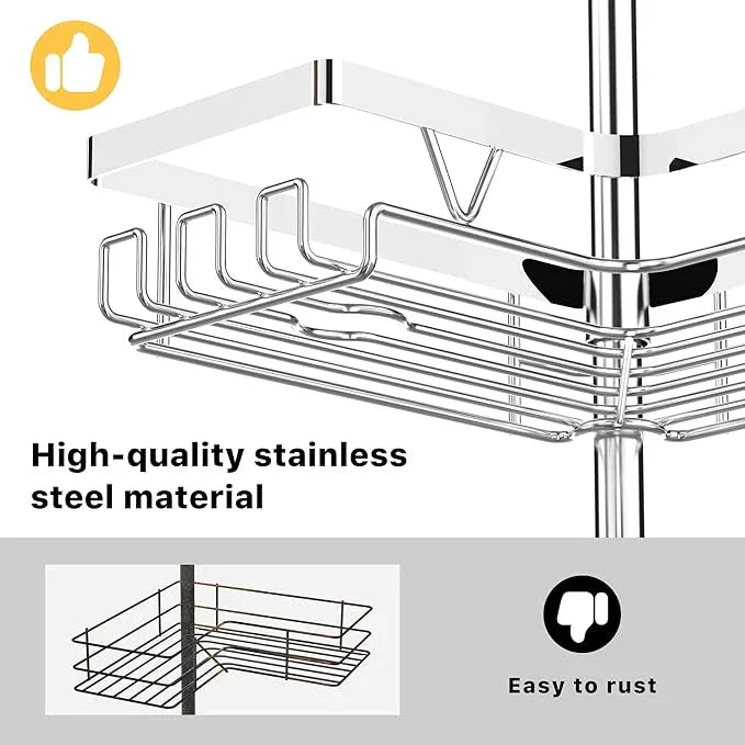 KEGII Corner Shower Caddy Tension Pole - Chrome 4-Tier Adjustable Shower Tension Rod Organizer with Hooks & Soap Holders, 25-114.2 Inch Stainless Steel Shower Storage Rack for Renters & Family - ModernBath