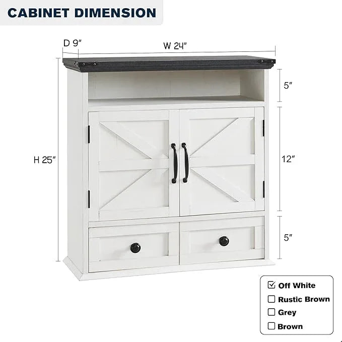 ACCOHOHO Bathroom Wall Cabinet, Farmhouse 24" Wide Medicine Cabinet with Drawer, Adjustable Shelf, Double Barn Doors, Storage Cabinets for Bathroom, Kitchen, Living Room, Off White - ModernBath