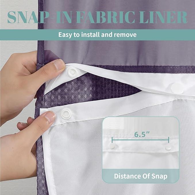 eachope Purple Long No Hook Waffle Weave Shower Curtain with snap-in Liner Replacement, 230GSM Waterproof Fabric Hotel Shower Curtain Set for Bathroom, Through Mesh Top Window,71Wx80H - ModernBath