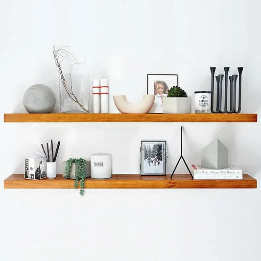 Homeforia 48 inch Oak Floating Shelf, High End Solid Real Wood 48inch Floating Shelves for Wall Mounted, Honey Oak Wooden 48in Large Floating Shelves, Heavy Duty Bracket, 48 X 6.5 X 1.75 in, Set of 2 - ModernBath