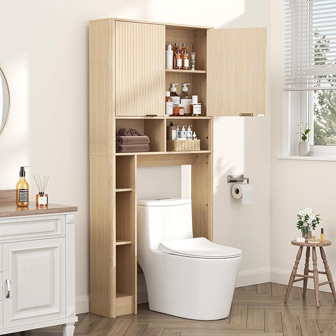 31''W Over The Toilet Storage Cabinet with Fluted Door, Oak Bathroom Organizer with Adjustable Shelf, 67''H Tall Natural Toilet Paper Holder Stand Wave Door for Restroom, Laundry Room - ModernBath