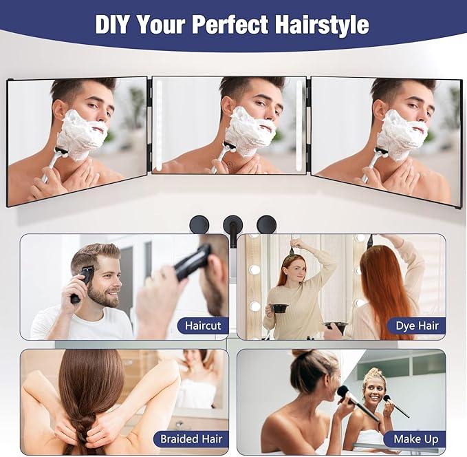 Dripex 3 Way Mirror with Led Lights for Men or Women, 360° Trifold Self Haircut Mirror with Height Adjustable Hooks, for Makeup, Styling, Shaving, Braiding, Dye Hair (Black with Led) - ModernBath