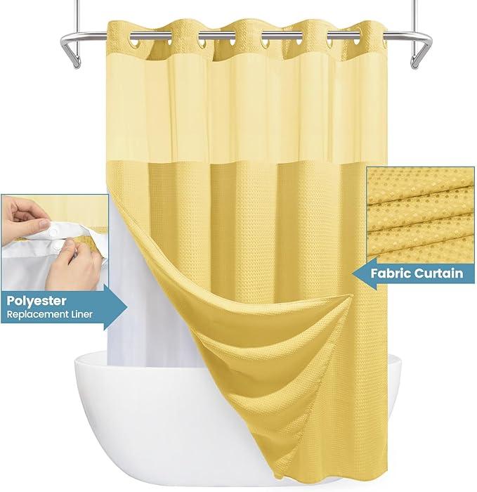 EUTXL Yellow No Hook Shower Curtain with Snap in Liner,230GSM Waffle Weave Shower Curtains for Bathroom,71W x 74H - ModernBath