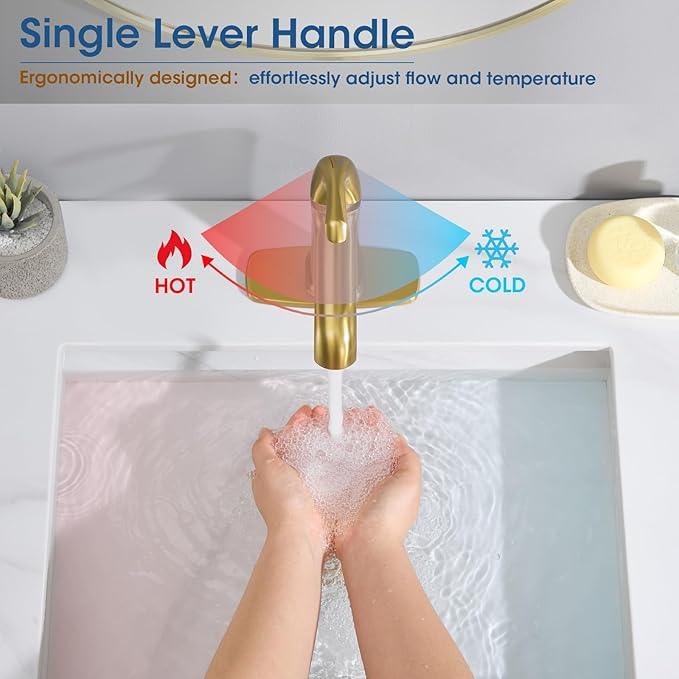 Single Hole Bathroom Faucet,‎Bathroom Sink Faucet,Brushed Gold Bathroom Faucet 1 Hole,with Pop Up Drain and cUPC Supply Lines for Vanity,Lavatory RV Farmhouse (HG-8901-BG) - ModernBath