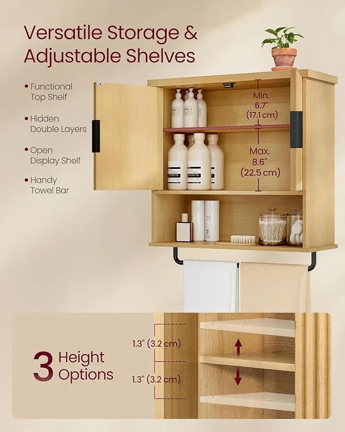VASAGLE MAXE Collection - Bathroom Cabinet Wall Mounted, Over Toilet Hanging Cabinet with Adjustable Shelf, Towel Bar, Fluted Doors, 7.9 x 23.6 x 28.7 Inches, Transitional, Oak Beige UBBK135Y01S - ModernBath