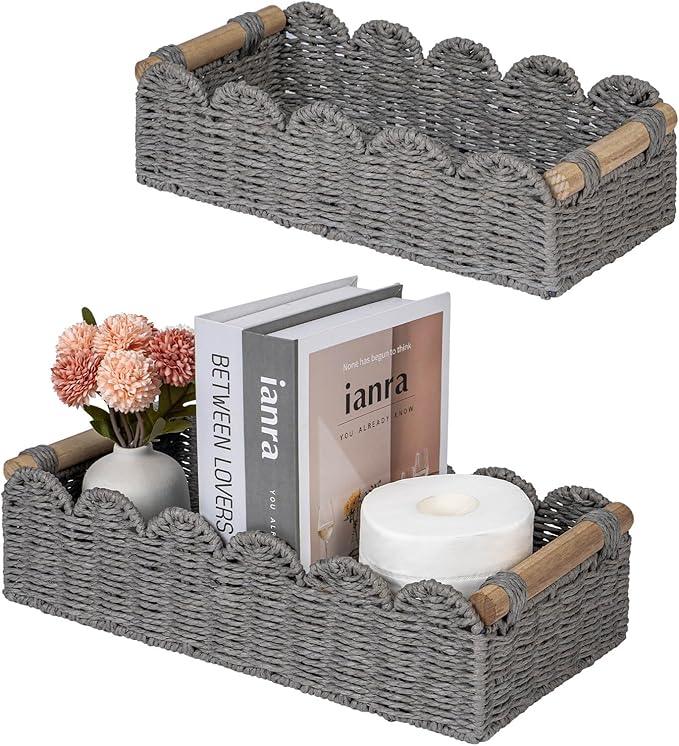 CubesLand Decorative Toilet Paper Storage Basket, Modern Farmhouse Home Decor Basket for Organizing, Scalloped Pantry Baskets for Shelves, Countertop, Living Room, w/Wood Handles, Grey 2 Sizes - ModernBath