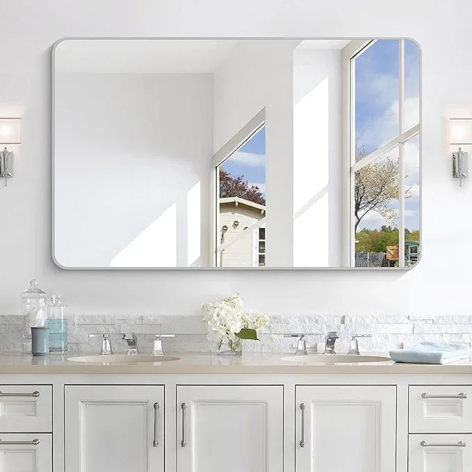 CIVENO 48x30 Inch Silver Bathroom Mirror, Metal Framed Silver Rectangle Mirrors, Rounded Rectangular Vanity Mirror, Wall Mounted Mirrors for Living Room Bedroom Entryway Hangs Horizontal or Vertical - ModernBath