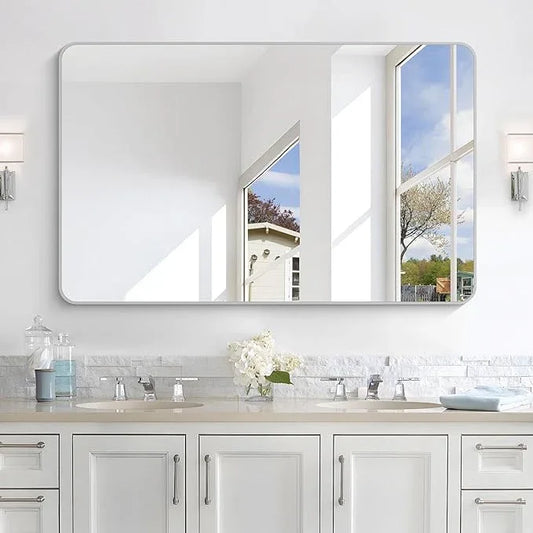 CIVENO 48x30 Inch Silver Bathroom Mirror, Metal Framed Silver Rectangle Mirrors, Rounded Rectangular Vanity Mirror, Wall Mounted Mirrors for Living Room Bedroom Entryway Hangs Horizontal or Vertical - ModernBath