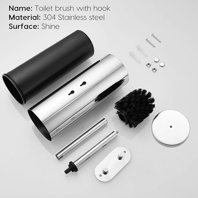 Toilet Brush and Brush Holder, Stainless Steel No-Punch Hook Base Dual Purpose Toilet Brush Holder with Removable Inner Bucket and Splash Cover - Soft Bristles (Chrome) - ModernBath