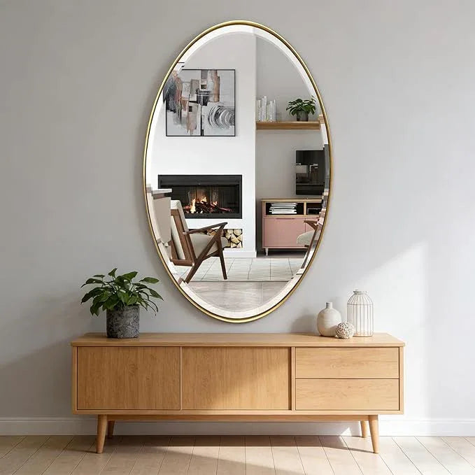 POZINO Brushed Gold Beveled Mirror, 28"x48" Large Brass Oval Mirrors, Bathroom Mirror for Over Sink, Modern Rounded Vanity Wall Mirrors in Premium Stainless Steel Frame, Hangs Horizontal Or Vertical - ModernBath