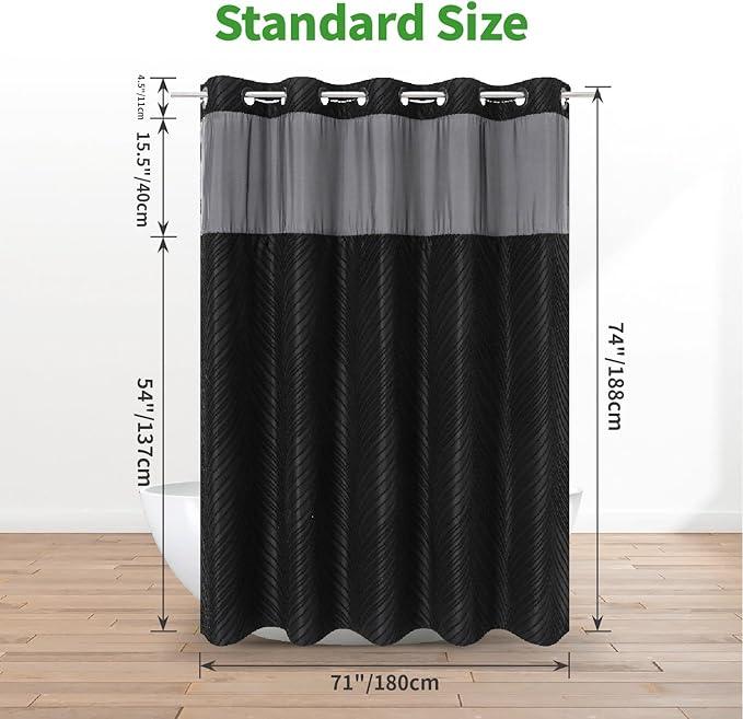 eachope no Hook Shower Curtain and Liner Set，Boho Style with See Through Top Window, Black Fabric Tufted Striped Textured Outer Curtain & Waterproof Inner Liner, DarkBlack, 71Wx74H - ModernBath