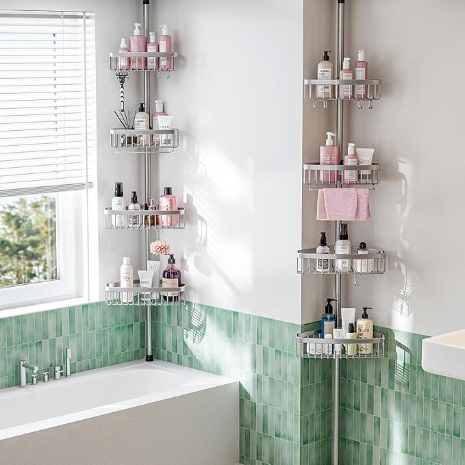 Corner Shower Caddy Tension Pole: Adjustable Rustproof 4-Tier Inside Bathroom Organizer - 47-121 inch Quick Installation Bathtub Shelves for Shampoo Storage - Rod Floor Standing Bath Rack - ModernBath