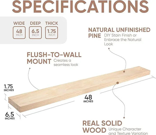 Homeforia Wood 48 inch Floating Shelf, High End Solid Natural Wood 48inch Floating Shelves for Wall Mounted, Unfinished Wooden Large Floating Shelves, Heavy Duty Bracket, 48 X 6.5 X 1.75 in, Set of 3 - ModernBath