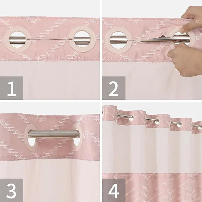 Blush Pink No Hook Shower Curtain with Snap-in Liner Set,Boho Modern Farmhouse White Tufted Chevron Striped Design,Woven Fabric Bathroom Curtain,71x74 - ModernBath