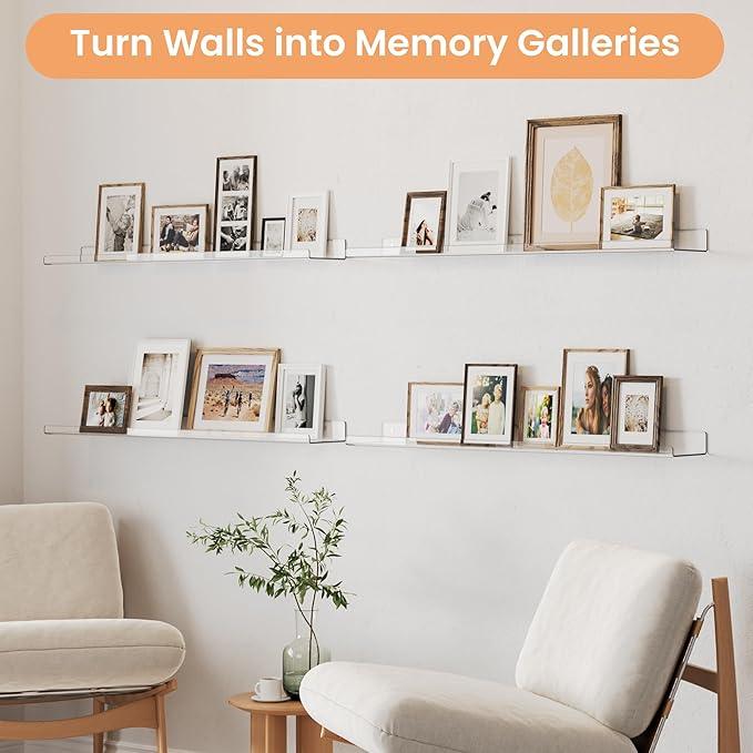 upsimples 2 Pack 35.5x5.5 Inches Acrylic Shelves for Wall Storage, Floating Bookshelves for Kids, Display Shelf Organizer for Bathroom, Bedroom, Living Room, Kitchen, Clear - ModernBath