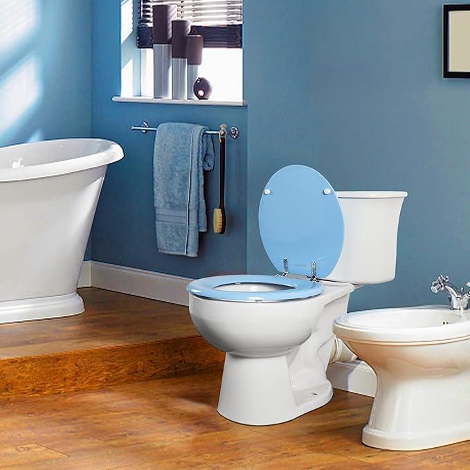 Blue Round Toilet Seat Natural Wood Toilet Seat with Zinc Alloy Hinges, Easy to Install also Easy to Clean, Scratch Resistant Toilet Seat by Angol Shiold (Round, Blue) - ModernBath
