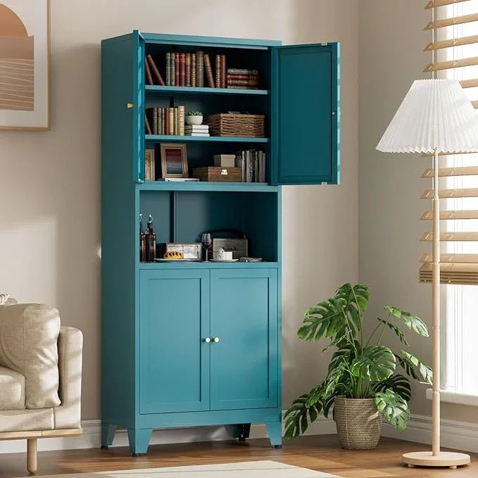 Metal Kitchen Pantry Cabinet, 69" Tall Storage Cabinet with 4 Doors and 3 Adjustable Shelves, Freestanding Cupboards for Dining Room, Living Room, Bathroom (Blue, 69" H) - ModernBath