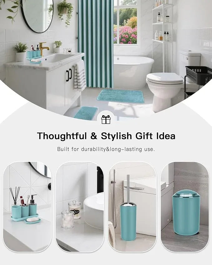 IMAVO Blue Bathroom Accessories,Non Slip Absorbent Bathroom Rugs and Waterproof Shower Curtain with Hooks,Complete Bathroom Set for Bathroom Décor - ModernBath