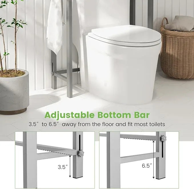 Giantex Over The Toilet Storage Rack, 3-Tier Metal Bathroom Organizer with 3 Hooks, Adjustable Bottom Bar, Anti-Tippling Devices, Freestanding Toilet Space-Saver for Bathroom, Laundry (Gray) - ModernBath